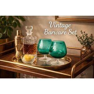 Vintage Emerald Green Brandy Glasses - Etched Grape Design, Set of 2